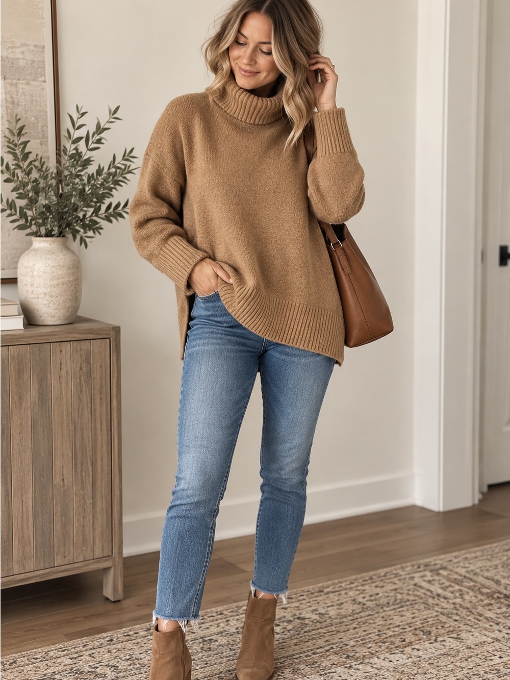 Daily Ritual Women’s Small Camel Brown Wool Blend Oversized Turtleneck Sweater